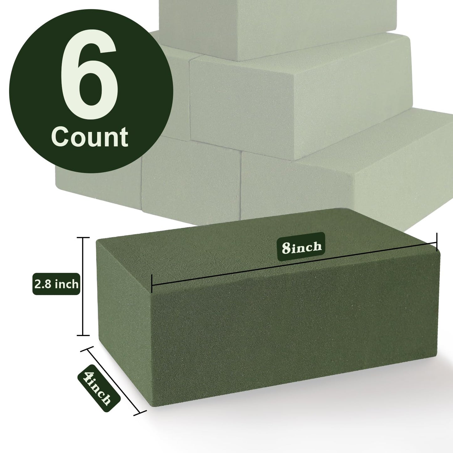 Floral Foam Blocks for Fresh and Artificial Flowers, 6 Pcs Each 8" L x 4" W x 2.8" H Wet and Dry Green Florist Foam for Weddings, Birthday Parties and Holiday Decorations