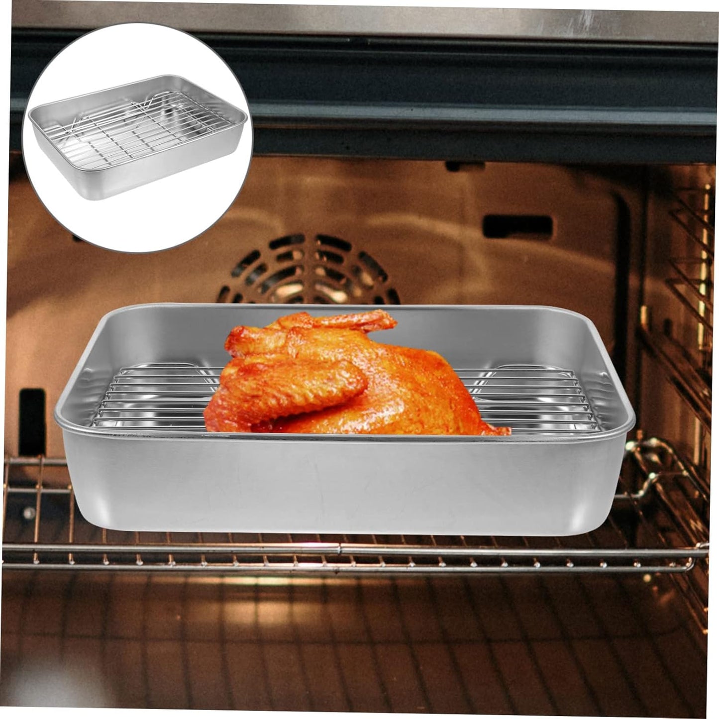 PRETYZOOM Grill Pan Set with Lid, Baking Pan with Roasting Rack, Metal Baking Tray for BBQ Grills