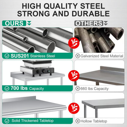 Stainless Steel Prep Table, 48 x 24 inches, with Backsplash & 4 Wheels, Adjustable Undershelf, Commercial Heavy Duty Table with Adjustable Under Shelf for Outdoor Use,Restaurants,Hotels,Works