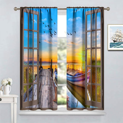 Lakeside Landscape Curtains, Rustic 3D Scenery Prints Window Treatments Drapes for Bedroom Living Room 42x45in