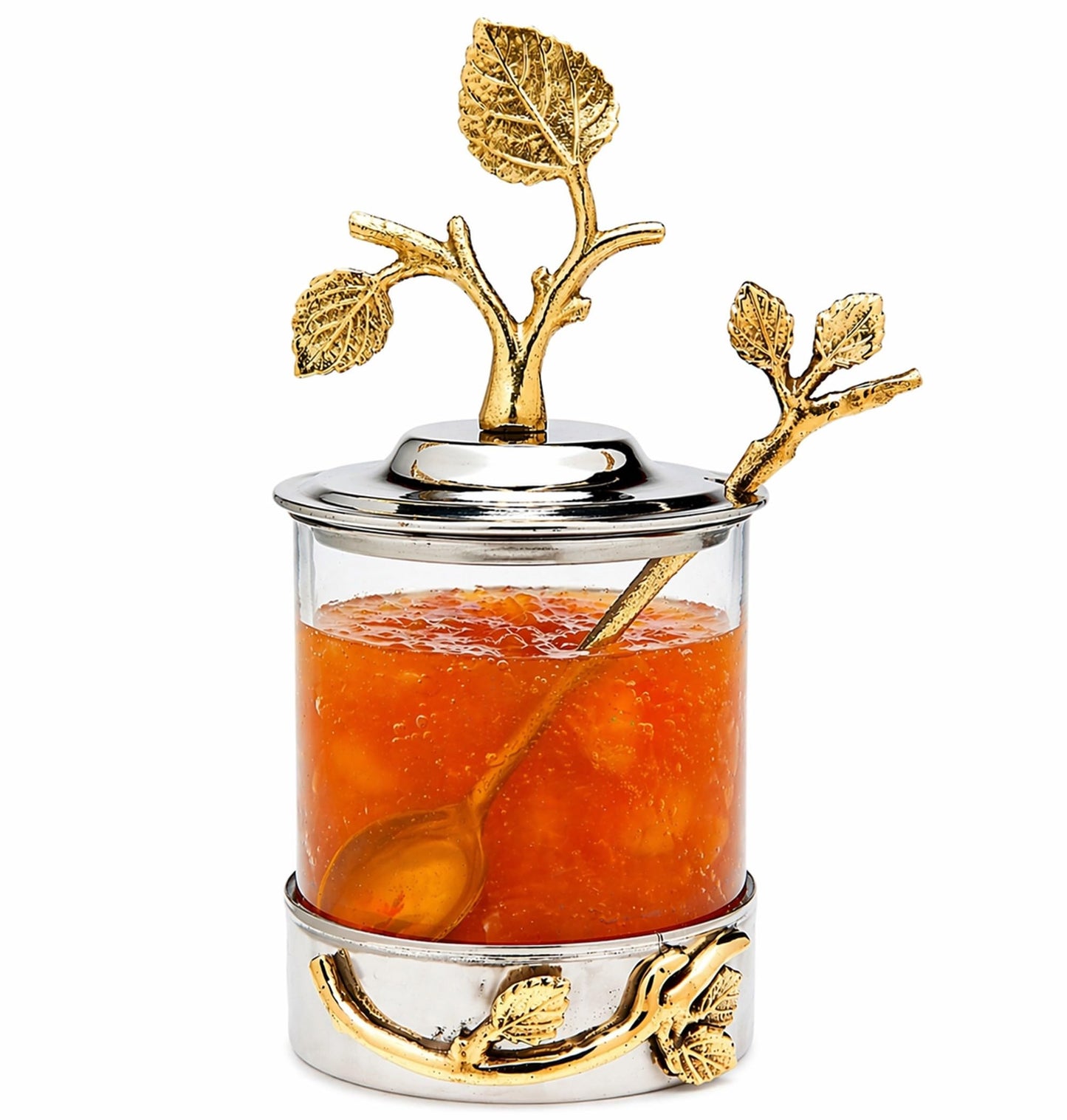 Godinger Elegant Leaf Jam & Honey Jar with Spoon – Stylish Stainless Steel & Glass Dish For Condiments, Sugar & Spreads – Decorative Serveware for Breakfast, Tea, Entertaining & Housewarming Gifts