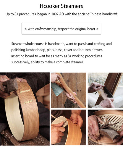 Hcooker 3 Tier Kitchen Bamboo Steamer with Double Stainless Steel Banding for Asian Cooking Buns Dumplings Vegetables Fish Rice