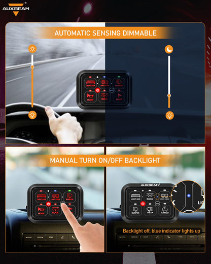Auxbeam 6 Gang Switch Panel RA60 Toggle Momentary Pulsed RGB Dimmable Switch Panel Multifunction Switch Panel Built in Solid State Relay Marine Control Panel Waterproof for Car Boat, 3 Years Warranty