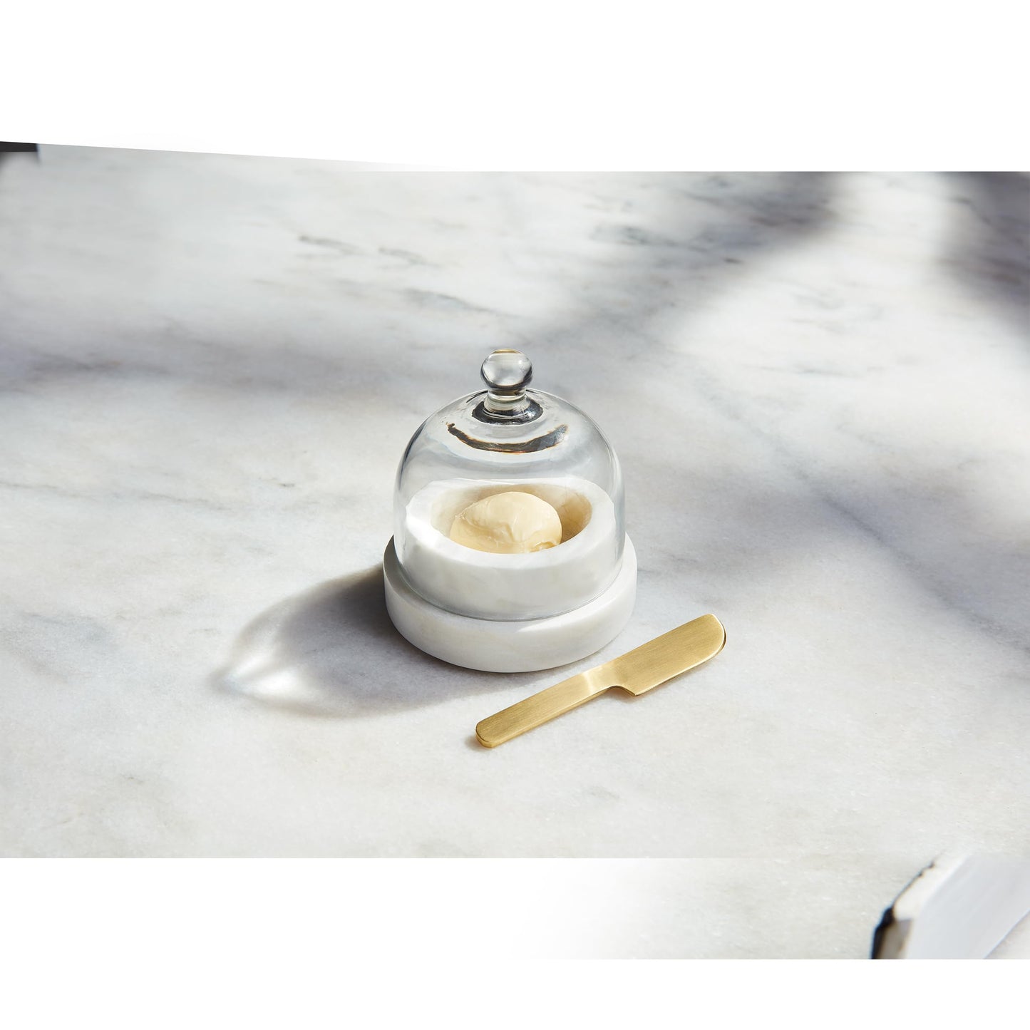 Mud Pie Round Marble Butter Dish; cloche 4 1/2" x 3 1/2" dia | spreader 4"