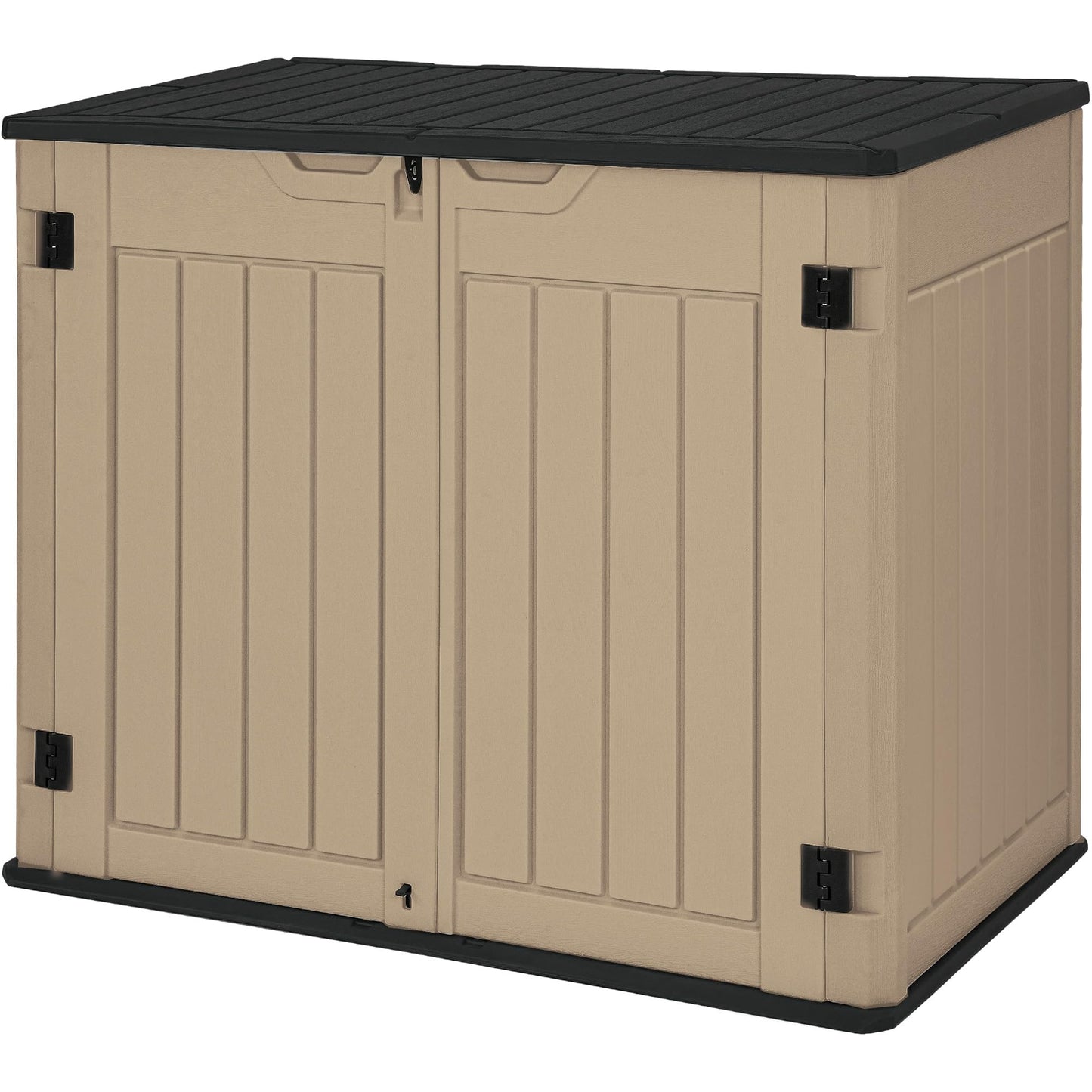 DWVO 47 cu ft Spacious Horizontal Storage Unit, Outdoor Resin Tool Locker Without Shelf, Waterproof Lockable Container with Base for Gardening, Waste Bins, Grass Cutter, 4.5x2.8x3.9 ft, Brown