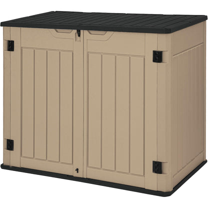 DWVO 47 cu ft Spacious Horizontal Storage Unit, Outdoor Resin Tool Locker Without Shelf, Waterproof Lockable Container with Base for Gardening, Waste Bins, Grass Cutter, 4.5x2.8x3.9 ft, Brown