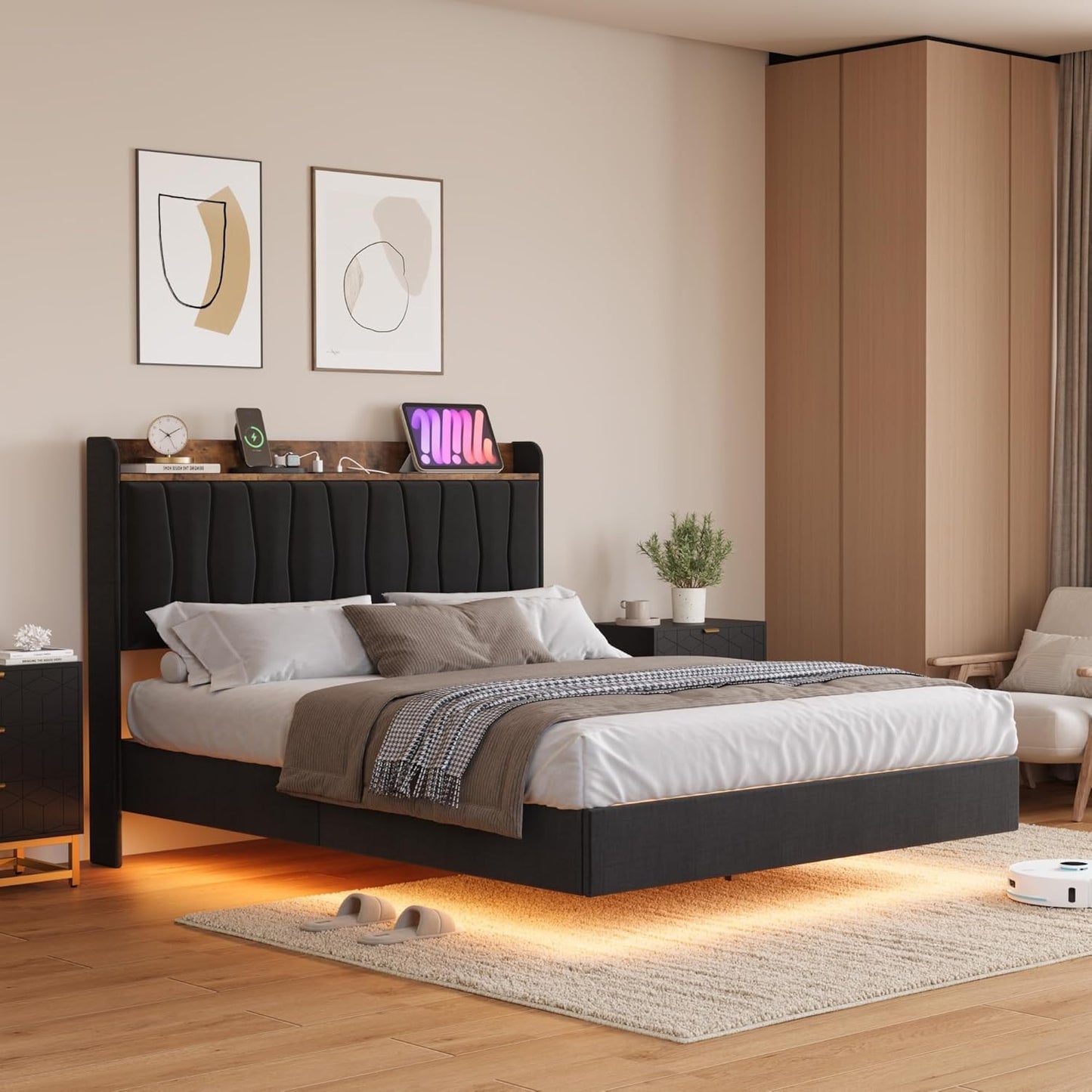 COZONY Modern Floating King Bed Frame with LED Lights, USB Charging Station, Upholstered Storage Headboard, Sturdy Wood Slats, No Box Spring Needed, Easy Assembly, Noise-Free, King-Black