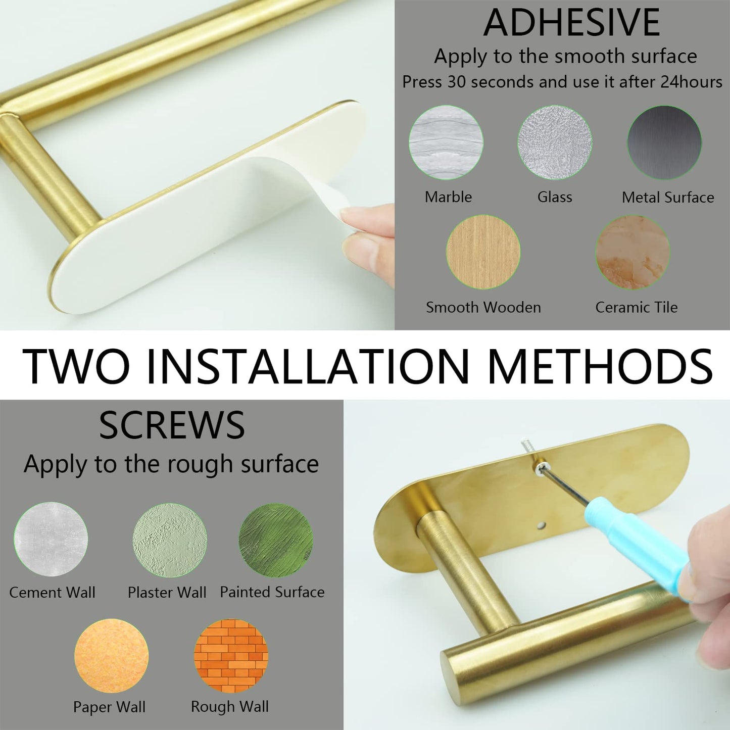 Kinbrace Paper Towel Holder with 2 Hooks-Under Cabinet Paper Towel Holder for Kitchen, Self-Adhesive or Screws, Space Saving Wall Mounted Kitchen Roll Holder, Bathroom, Stainless Steel Brushed Gold