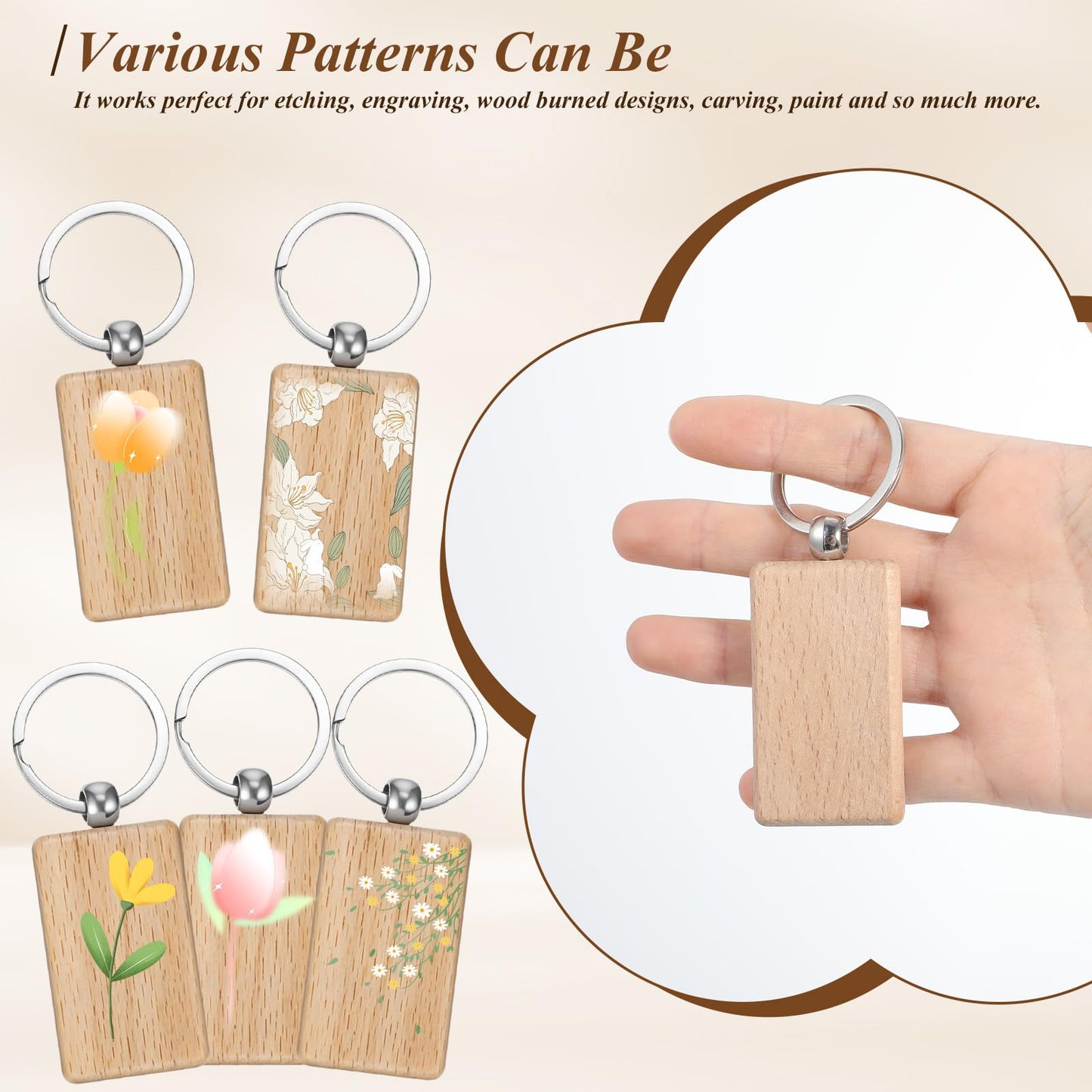PercyEffie 60 Pcs Wooden Keychain Blanks Bulk, Rectangle Wood Key Chains Laser Engraving Unfinished Slice with 60 pcs Ring Key Tag for DIY Crafts Gift Accessories 2×1.2 inch