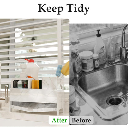 TIDIIABODE Sponge Holder for Kitchen Sink, Acrylic Sink Caddy Organizer with Removable Brush Holder, Countertop Soap Dispenser Organizer with Marble Texture, Kitchen Organizers Storage, White