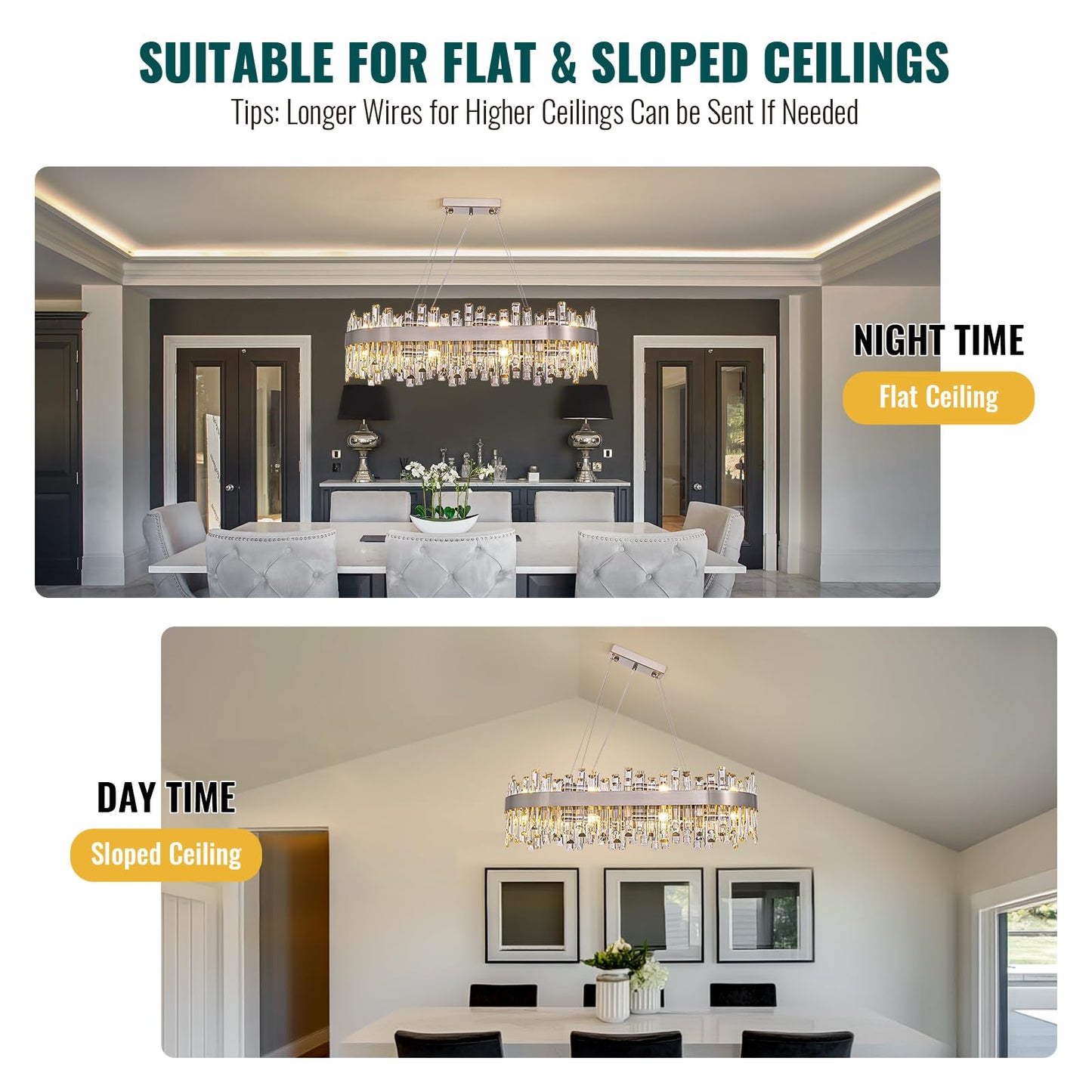 Siljoy Modern Crystal Chandelier, Luxury Rectangular 2-Tiers K9 Crystal Raindrop Chandelier, 16-Light Adjustable Hanging Crystal Ceiling Light for Dining Room Living Room Kitchen L35.4''