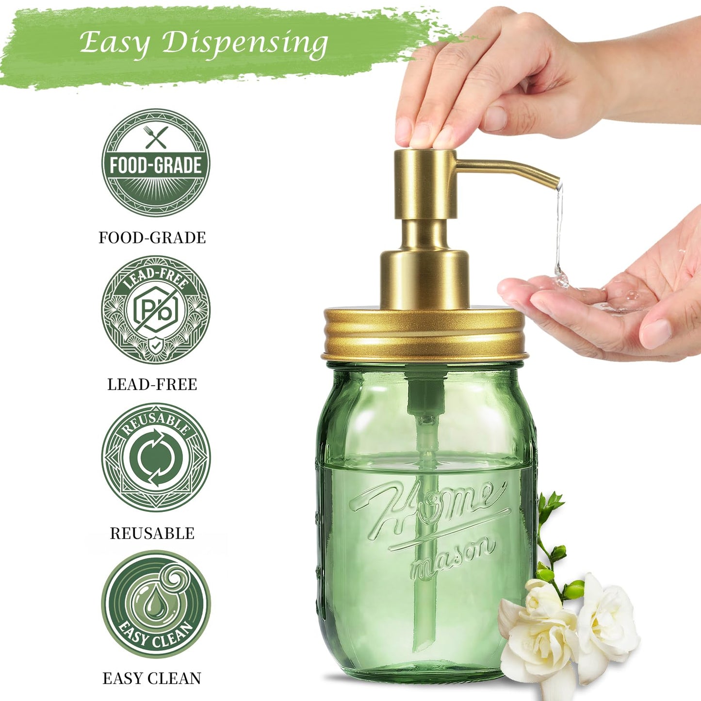 Amolliar Mason Jar Liquid Soap Dispenser, 16OZ Green Glass Hand Soap Holder, Stainless Steel Pump Lid, Refillable Lotion Dispenser, Countertop Bathroom Accessories, Kitchen Dish Soap (2 Pack, Gold)