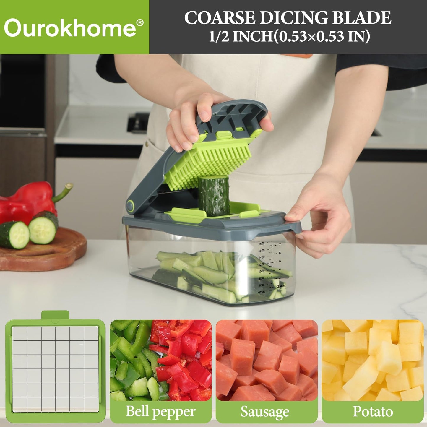 Ourokhome Vegetable Chopper Cutter with Container, Manual Hand Food Veggie Dicer with 2 Chopping Blades for Potato Strips, Onion Cubers, Carrot Sticks, Essential Kitchen Gadgets (2 in 1, Gray)