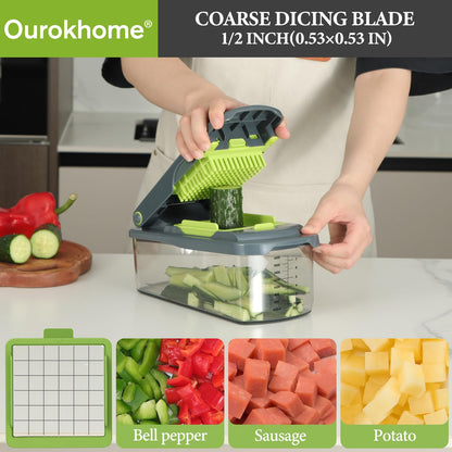 Ourokhome Vegetable Chopper Cutter with Container, Manual Hand Food Veggie Dicer with 2 Chopping Blades for Potato Strips, Onion Cubers, Carrot Sticks, Essential Kitchen Gadgets (2 in 1, Gray)