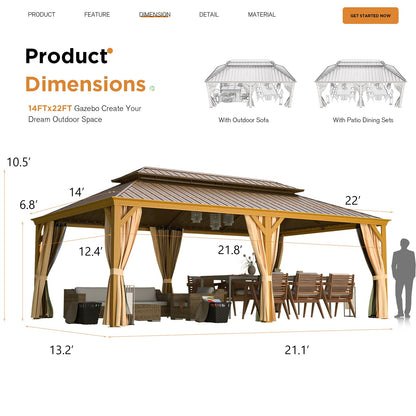 EROMMY 14'x22' Hardtop Gazebo, Galvanized Steel Double Roof with Wood Grain Aluminum Frame, Outdoor Gazebo with Curtains and Nettings for Patio, Backyard and Deck