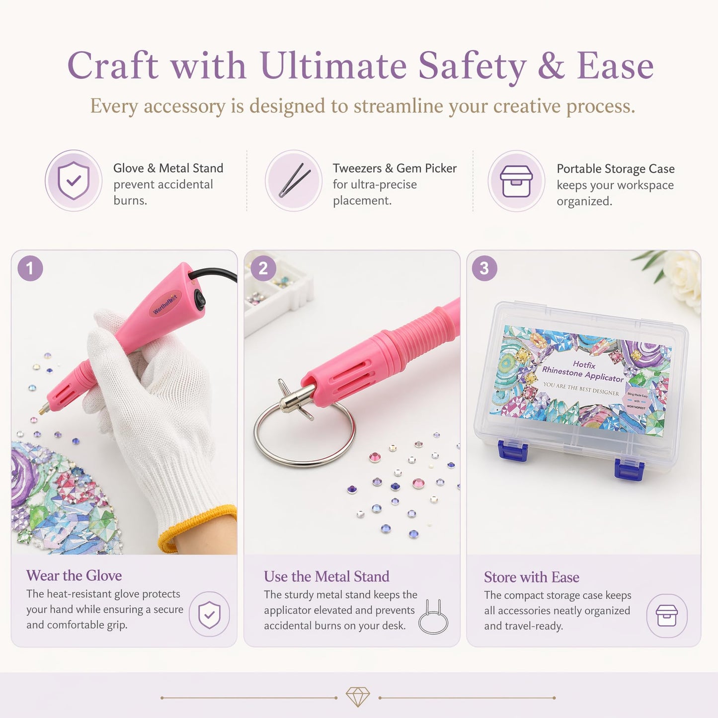 Worthofbest Hot Fix Rhinestone Applicator Tool Kit, 8600Pcs 3/4/5mm Glass Hotfix Rhinestones, Rhinestone Setter with Tips Stand Trays Glove Templates Tweezers Gem Picker for Clothes Fabric DIY Crafts
