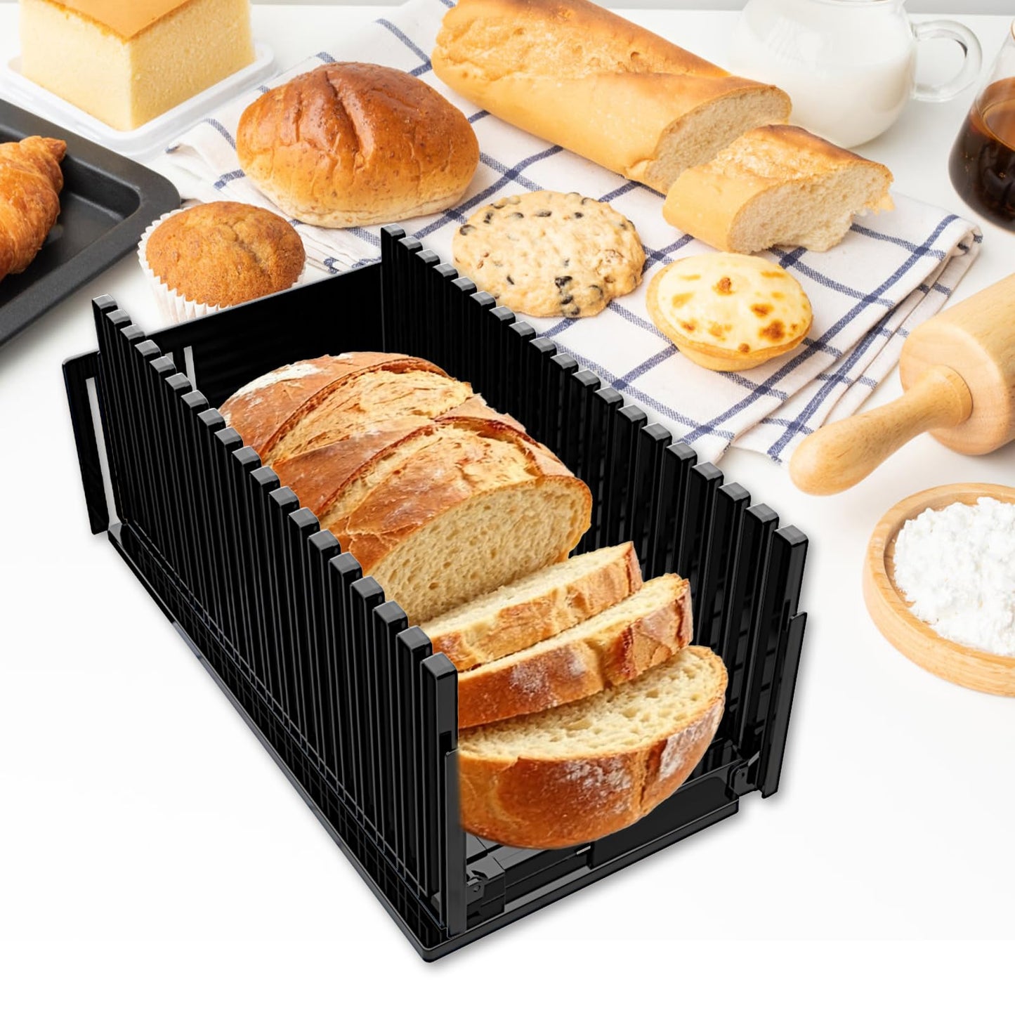 Bread Slicer for Homemade Bread,Adjustable Thickness Slicing Guide,Foldable Portable Bread Cutter Suitability for Homemade Breads,Bagel,Cakes-Kitchen Gadget,Baking Tool & Gift for Mother Father(Black)