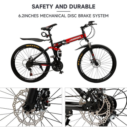 Bruce & Shark 26" Folding Mountain Bike for Men, 21 Speeds Full Suspension Commuter Bicycle, High Carbon Steel & Disc Brakes, Portable City Outdoor Bike for Adult Youth Teen