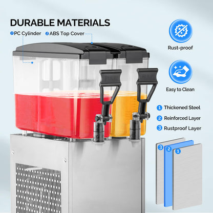 ROVSUN Commercial Beverage Dispenser 5.2 Gal/20L, Commercial Juice Dispenser Cold Drink Dispenser 10L X 2 Tanks Stainless Steel with Thermostat Controller for Home Restaurant Bar Party 110V/60HZ