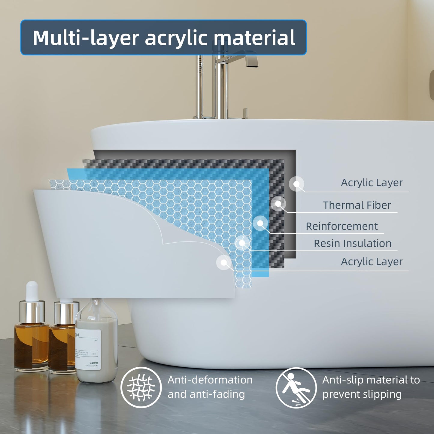 59" Free Standing Tub, Acrylic Soaking Bathtub, Stand Alone Freestanding Tub with Matte Sliver Drain and Overflow, Contemporary Bathtub for Bathroom, Burnish White
