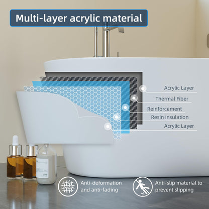 59" Free Standing Tub, Acrylic Soaking Bathtub, Stand Alone Freestanding Tub with Matte Sliver Drain and Overflow, Contemporary Bathtub for Bathroom, Burnish White