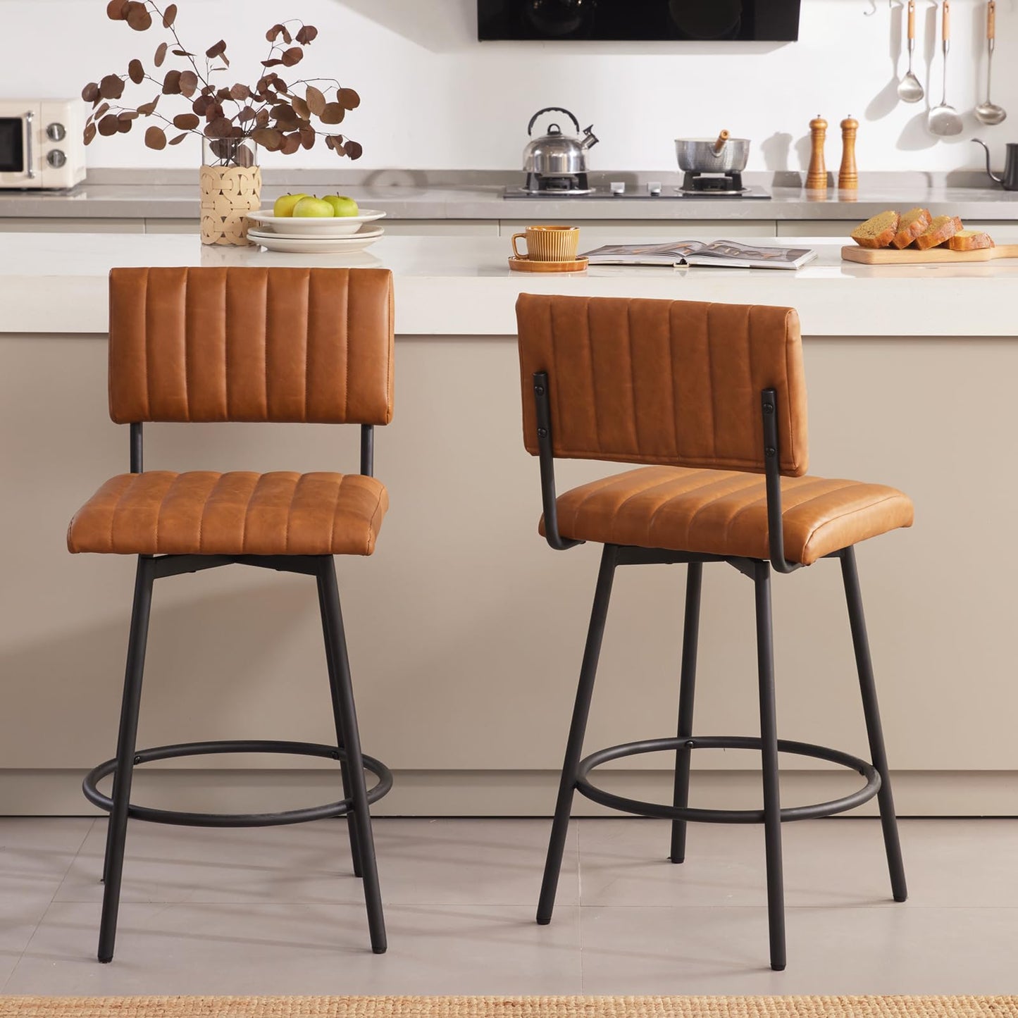 MILCIL Swivel Counter Height Bar Stools with Back Set of 2, Upholstered 26'' Counter Stools with Metal Frame, Faux Leather Cognac