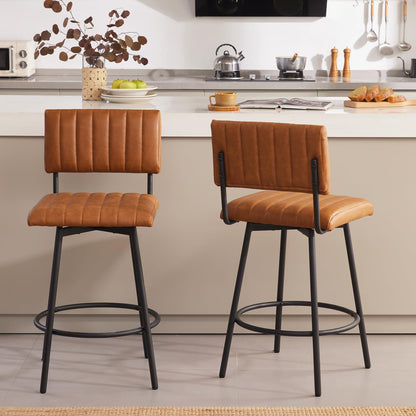 MILCIL Swivel Counter Height Bar Stools with Back Set of 2, Upholstered 26'' Counter Stools with Metal Frame, Faux Leather Cognac