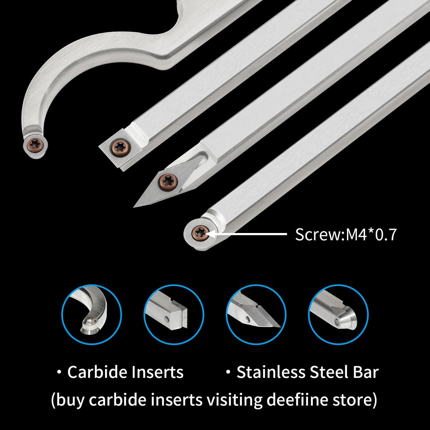 DEEFIINE Carbide Tip Wood Lathe Turning Tool set With Bowl sander, Lathe Roughing and Finishing Hollowing Tool Interchangeable Aluminum Alloy Handle with 4pcs Carbide Inserts For Woodturning