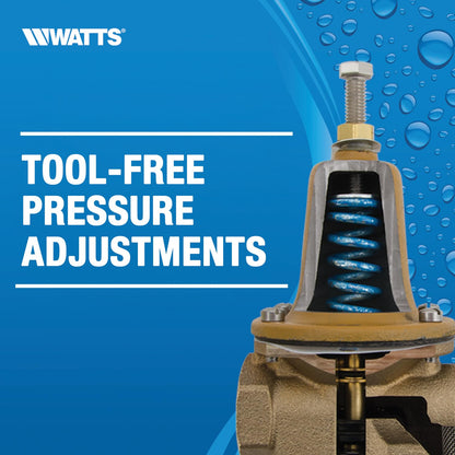 Watts TB1156F Bronze High Capacity Water Feed Regulator, 1/2 Inch, Union Threaded Inlet Connection, With Purge Lever and Stainless Steel Strainer, Tight Seating Check Valve