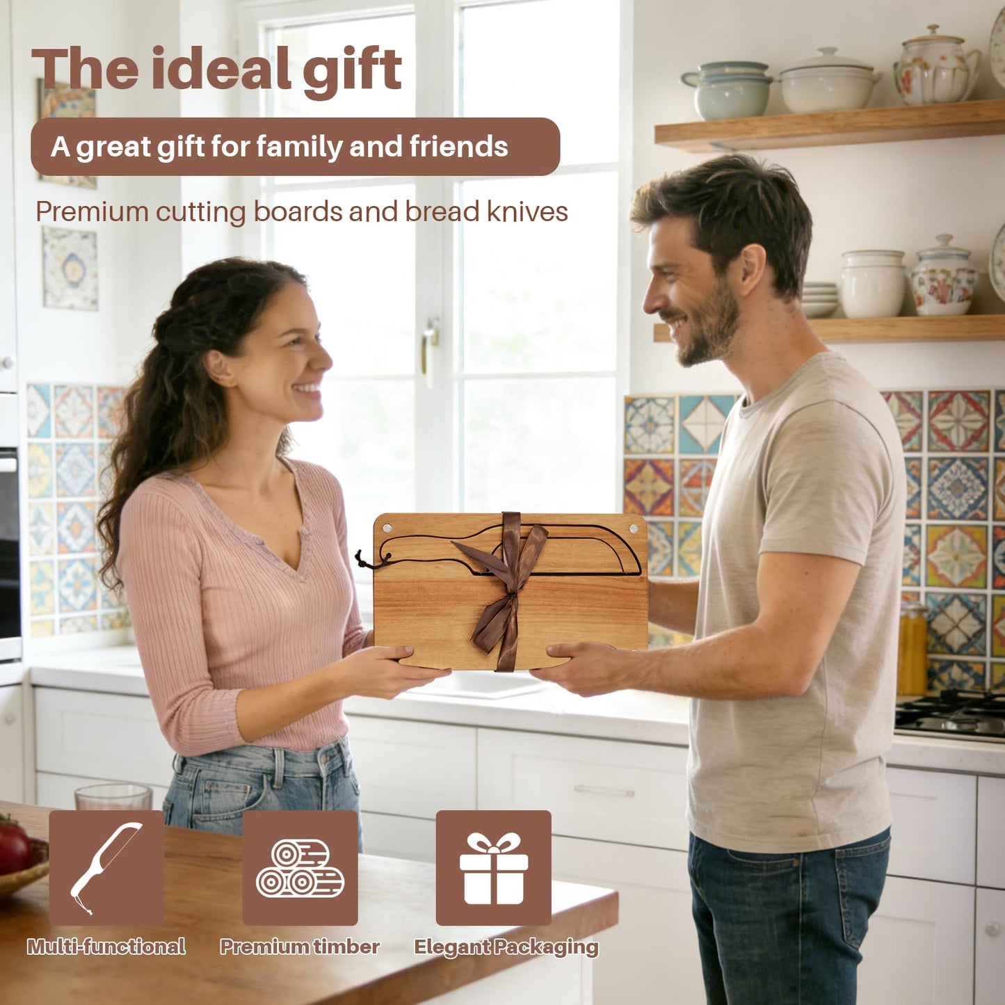 Yonent Wooden Bread Cutting Board with Bow Bread Slicer Set, Includes 2 Stainless Steel Blades and Removable Knife for Slicing Homemade Sourdough, Baguettes and Artisan Bread