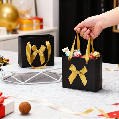 EQOREIIN 50 Pack Small Thank You Gift Bags with Bow Ribbon & Handles, 5.5x 2.5x4.7 Inch Black Gold Little Gift Bags for Jewelry, Baby Shower, Bridal Shower, Mother's Day,Christmas Holiday Gifts