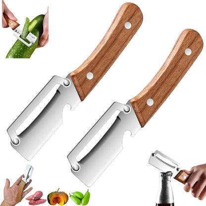 Premium Vegetable Peeler with Wooden Handle and Bottle Opener, Multi Functional Vegetable Peeler for Kitchen, Stainless Steel Blade Kitchen Tool for Vegetables or Fruits That Need to Be Peeled(2PCS)