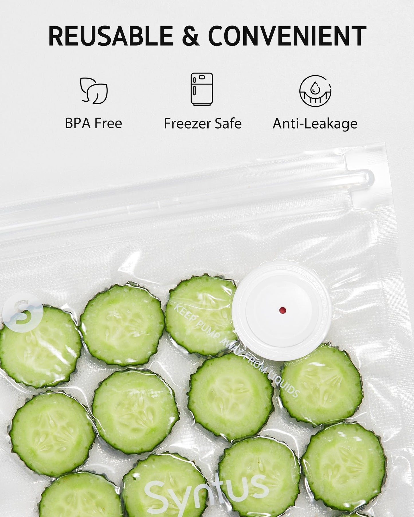 Syntus Vacuum Sealer Bags for Food, Food Storage Bags for Sous Vide Cooking Microwave Heating, Air Valve Zipper Bags & Zip Clips, 30 Bags (S+M+L) + 1 Black Vacuum Sealer