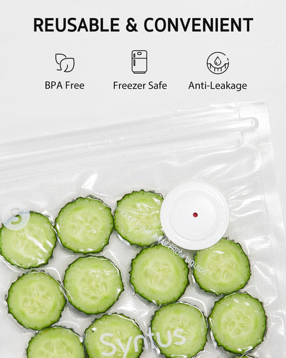Syntus Vacuum Sealer Bags for Food, Food Storage Bags for Sous Vide Cooking Microwave Heating, Air Valve Zipper Bags & Zip Clips, 30 Bags (S+M+L) + 1 Black Vacuum Sealer
