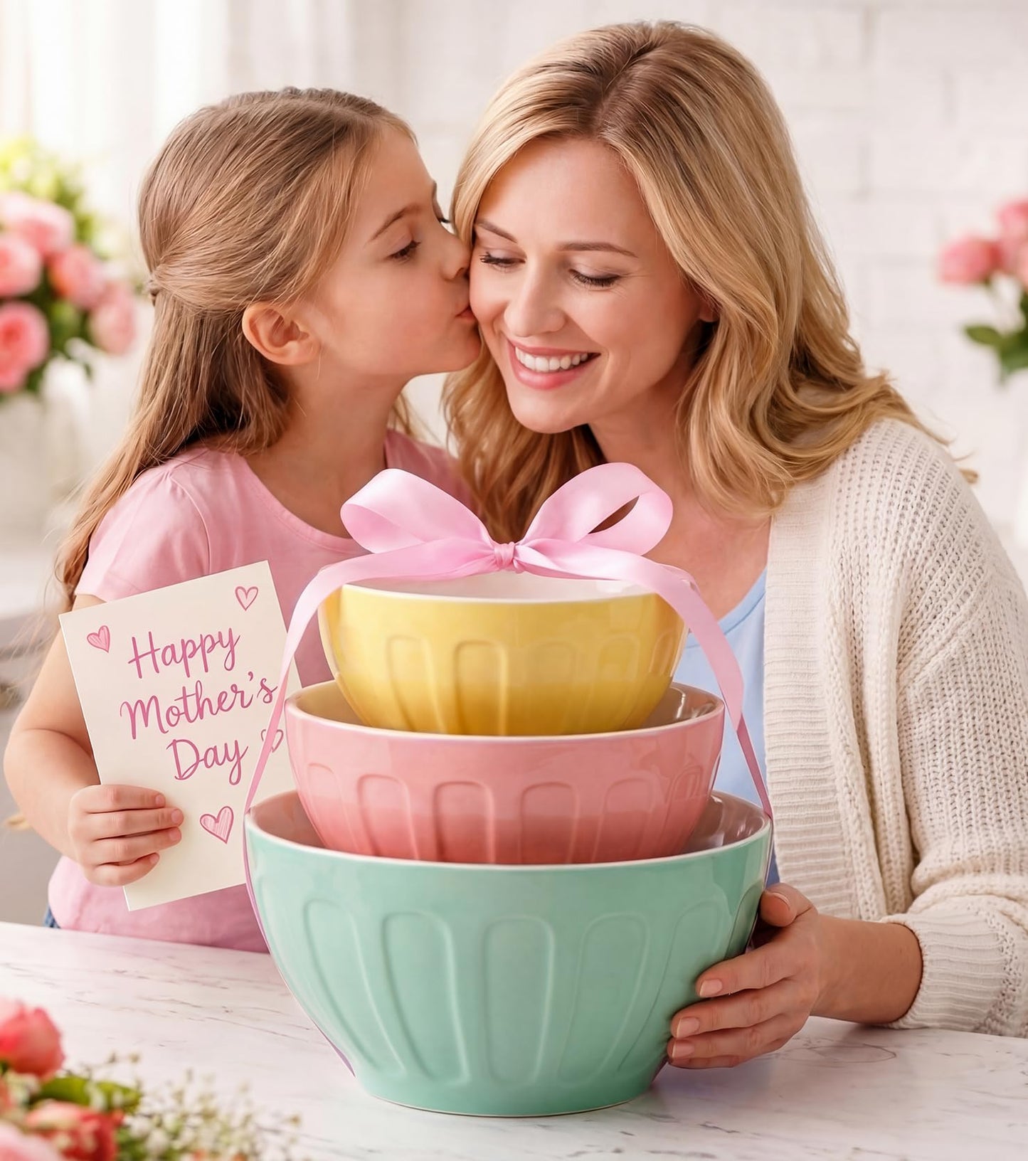 Lareina Ceramic Mixing Bowls Set of 3, Large Nesting Bowls for Serving/Baking/Prepping, Mother's Day & Housewarming/Wedding Gift, Oven/Microwave/Dishwasher Safe 3.2/1.7/1.2 Qt, Pastel Color