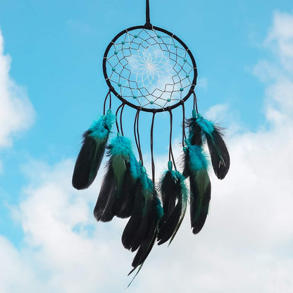 Dream Catcher with Bicolor Mesh, Handmade Dark Tone Dreamcatcher with Black and Turquoise Feather Wall Hanging