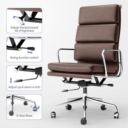 OTDMEL Genuine Leather Office Chair, Padded High Back Ergonomic Executive Desk Chair with Aluminum Arm Rest and Base, Swivel Wheels with Lumbar Support & Tilting Function, Hight Adjustable, Dark Brown