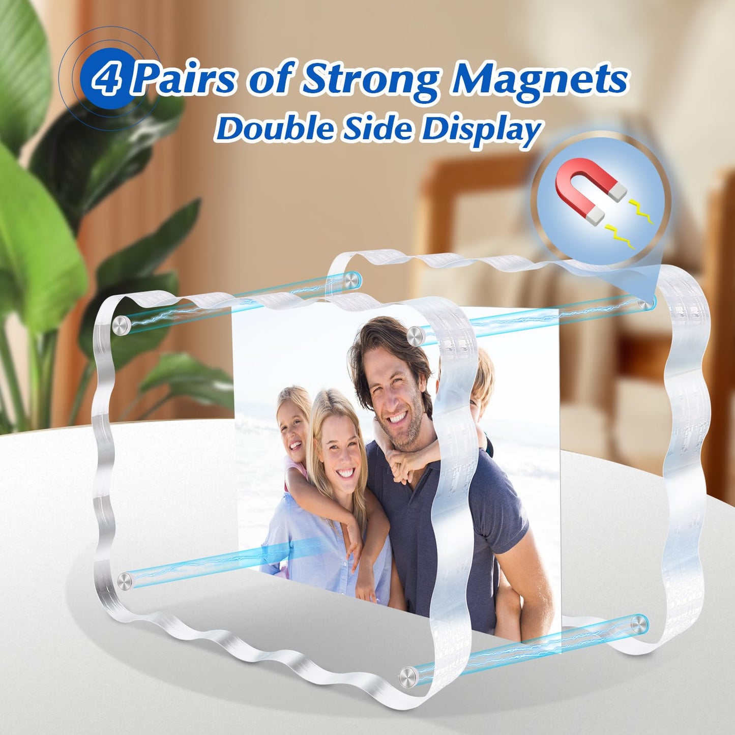 laapee 4x6 Acrylic Picture Frame 3 Pack, 10+10mm Thicker Magnetic Acrylic Frame, Double Sided Display, Anti-fading, Clear Block Scalloped Photo Frames Freestanding for Desktop Display