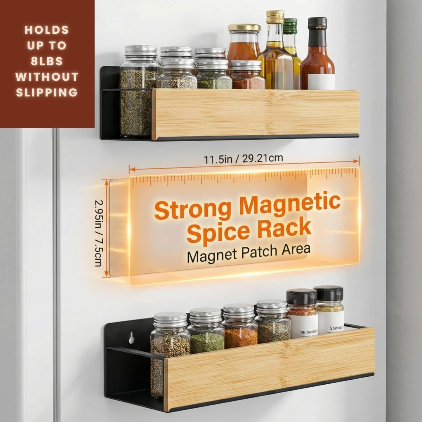 WY Family (4 Pack) Magnetic Spice Storage Rack Organizer for Refrigerator and Oven, 4 Strong Magnetic Shelf, Black Fridge Storage, Spice Rack Organizer, Metal-Bamboo