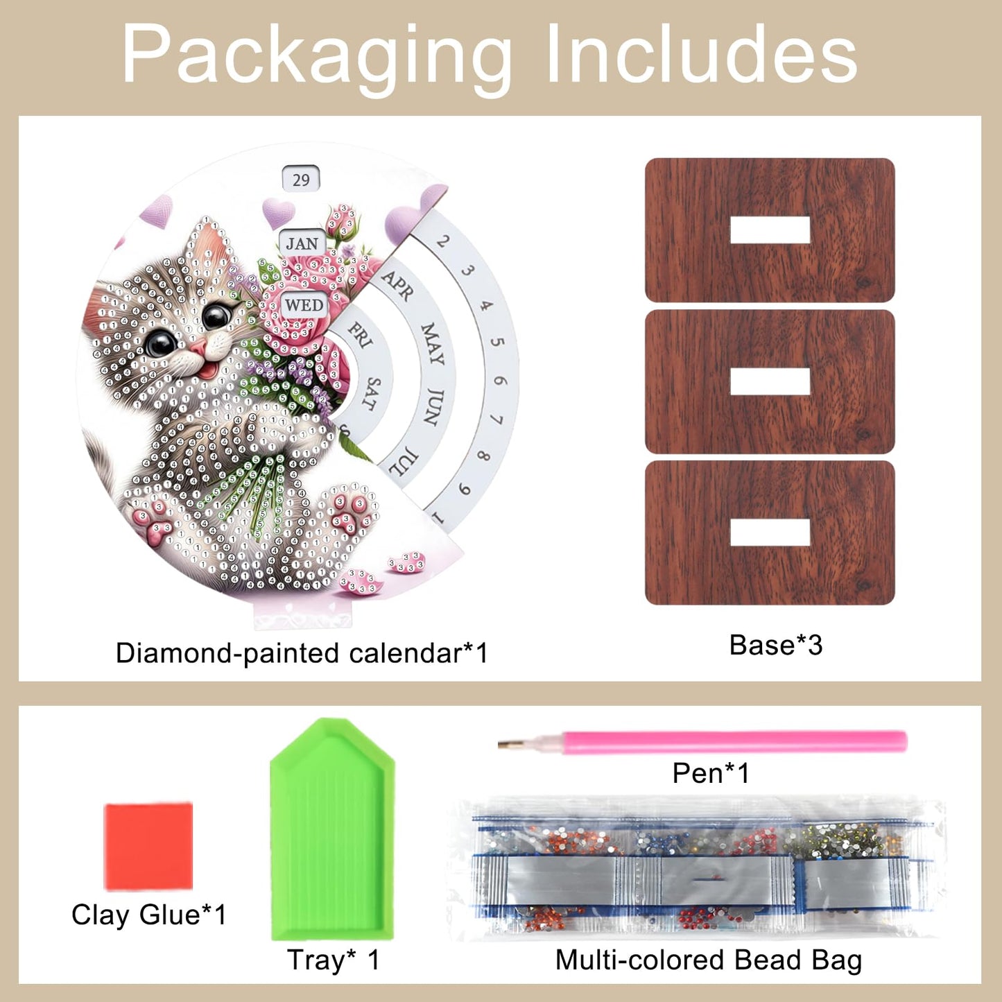 AiYuanzsh 3D Diamond Art Tabletop Perpetual Calendar Kit, DIY Wooden Desktop Ornament with Cute Cat Design, Sparkling Diamond Painting Desk Decoration Gift for Home & Office