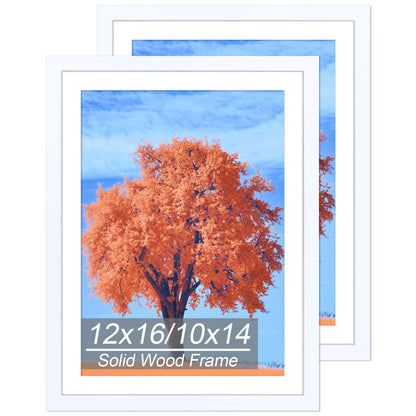 2 Pack 12x16 Picture Frame White, Solid Wood Diamond Art Painting Frames 30x40cm, Display Pictures 10x14 with Mat or 12 x 16 Without Mat, 16x12 Frame for Photos Posters Prints Artworks, Wall Hanging