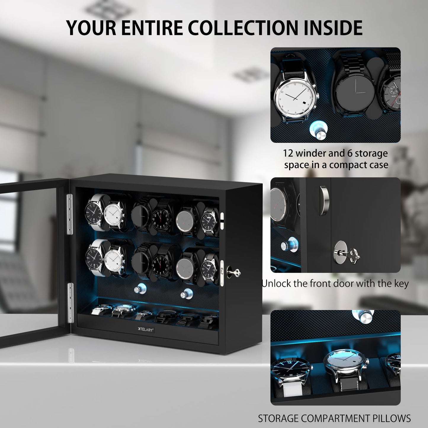 XTELARY Watch Winder for 12 Automatic Watches, Black Lockable Automatic Winders with Extra 6 Watch Storages, 4 Rotation Modes, Flexible Watch Pillows, Quiet Mabuchi Motor, and Blue Backlight