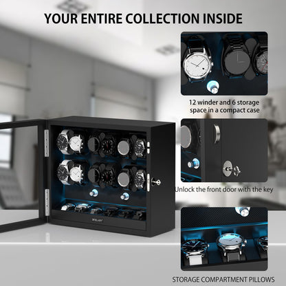 XTELARY Watch Winder for 12 Automatic Watches, Black Lockable Automatic Winders with Extra 6 Watch Storages, 4 Rotation Modes, Flexible Watch Pillows, Quiet Mabuchi Motor, and Blue Backlight