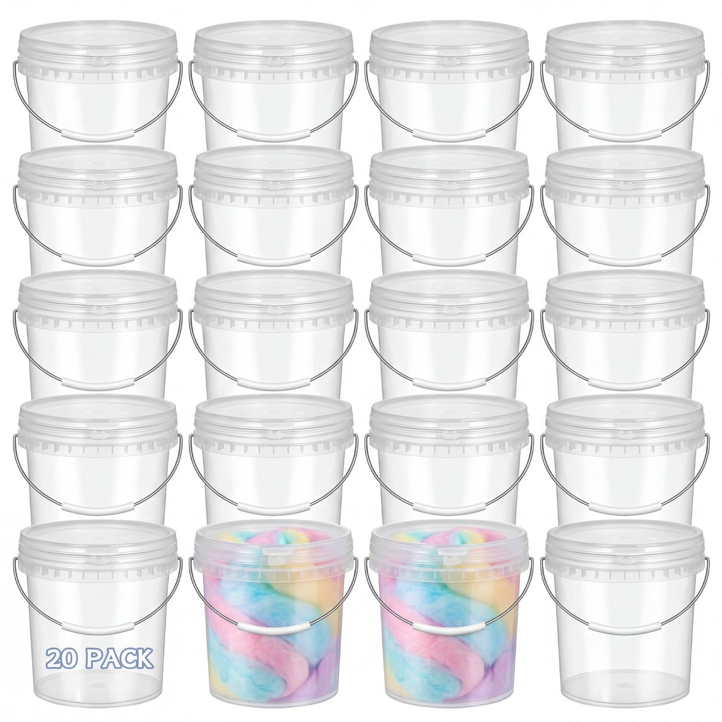 METAPACK 20-Pack 0.5 Quart Plastic Mini Bucket with Handle - Portable Desktop Organizer for Office, Makeup, Craft Supplies - Small Blue Storage Container for Desk, Bathroom, Kitchen (Clear)