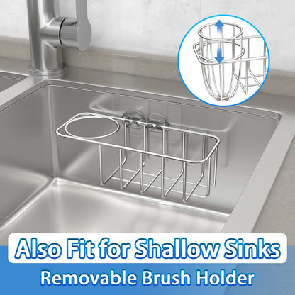 HULISEN 3-in-1 Sponge Holder for Kitchen Sink with Dish Brush Holder, Stainless Steel Caddy for Soap, Scrubber, No Drill and Rustproof, Silver