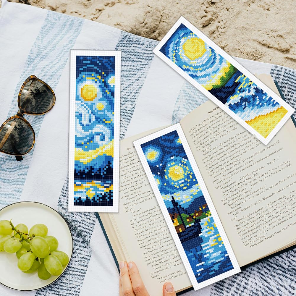 ORIGACH 6 Pcs Cross Stitch Bookmark Kit for Beginner Adults, Swirling Night Sky Stamped Embroidery Bookmark Kit with Instruction for Starters Printed Cross Stitch DIY Kits for Book Lovers