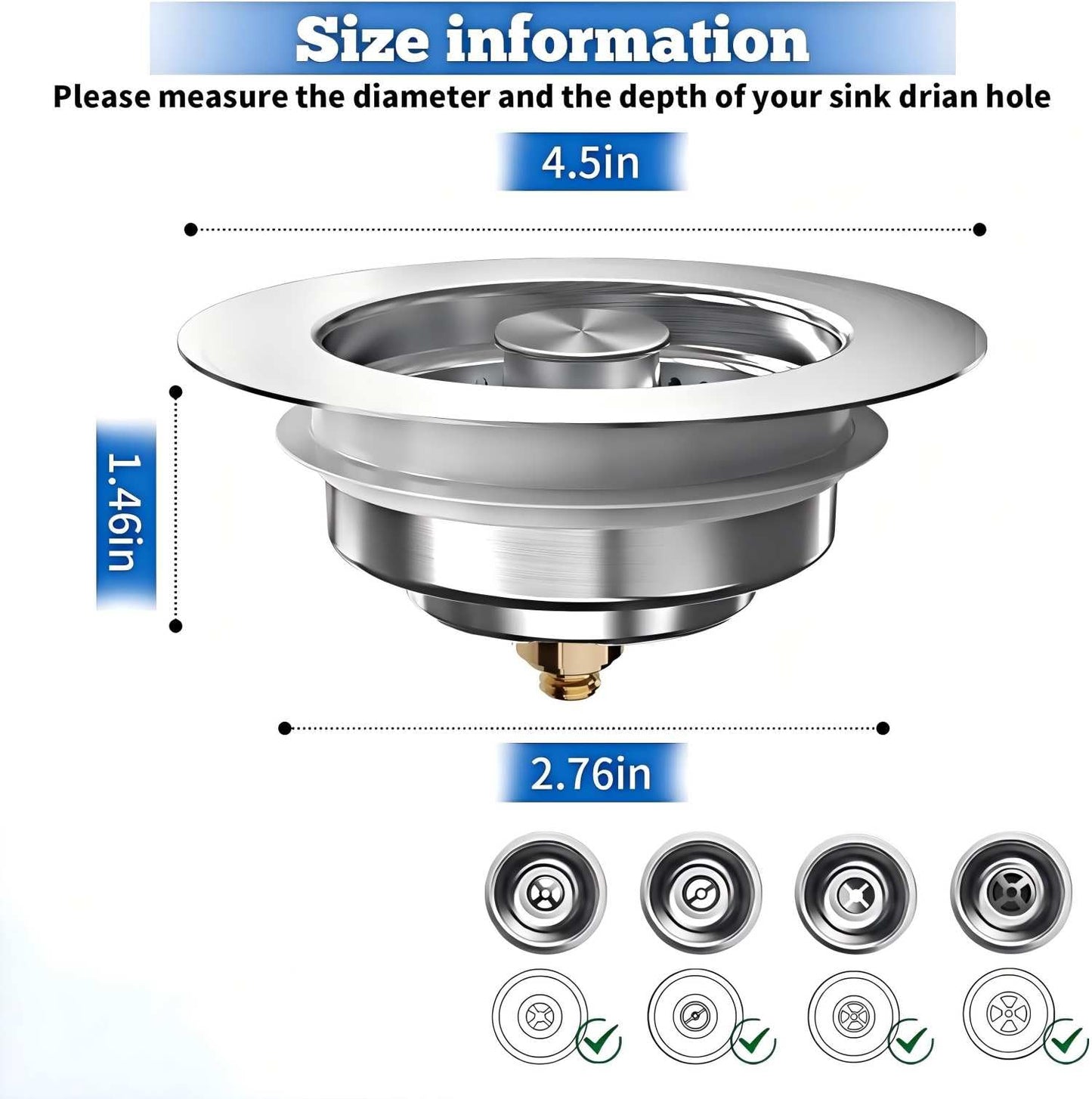 GanLiving 3-in-1 Kitchen Sink Drain Strainer Stopper, 304 Stainless Steel Pop Up Drain Plug, Anti-Clog Odor Prevention Sink Basket, Tool-Free Easy Install, Fits US Standard 3-1/2" Drain Hole,2 Pack