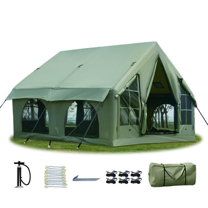 KNUO 2026 Upgraded Waterproof Inflatable Camping Tent for 5-8 People, Large Blow-Up Air Tent, No Assembly Needed Luxury Glamping House, 10x10ft Oxford Fabric,Green