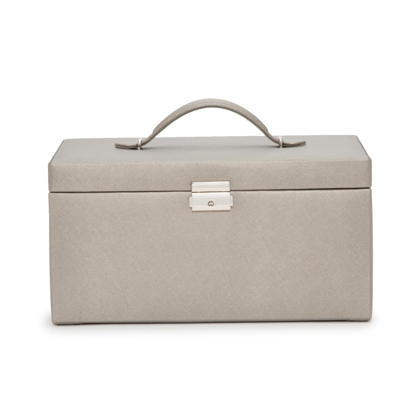 WOLF Heritage Large Jewelry Box, Pewter Saffiano - 27 Compartments + 26 Ring Rolls - Includes Two Travel Cases