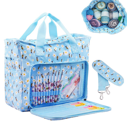 Mdoker Knitting Bags and Totes Organizers Large Crochet Bag Lightweight Yarn Bags for Travel Yarn Storage Organizers for Crochet Hooks,Yarn,Knitting & Crochet Supplies(Blue Bee)